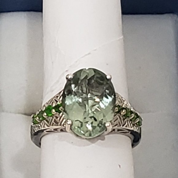 Prasiolite (Green Amethyst) Chrome Diopside ring in Plat/over 925 Sterling sz 8 - Picture 4 of 6